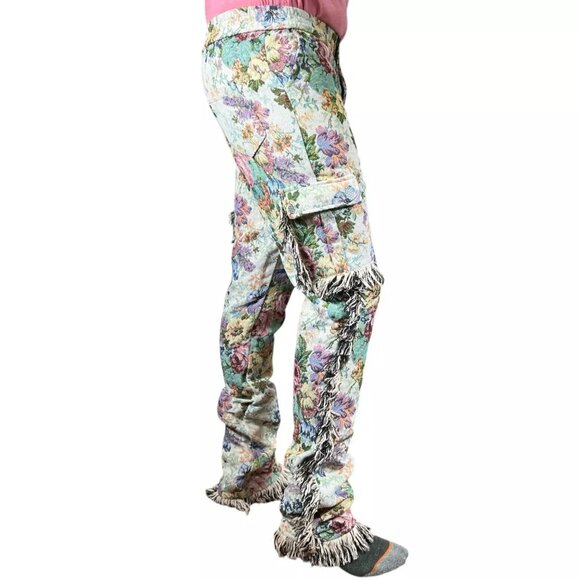 Vintage Guapi Floral Tapestry Mid Rise Frayed Edge Cargo Trouser Pants Size 30 - Picture 4 of 16
